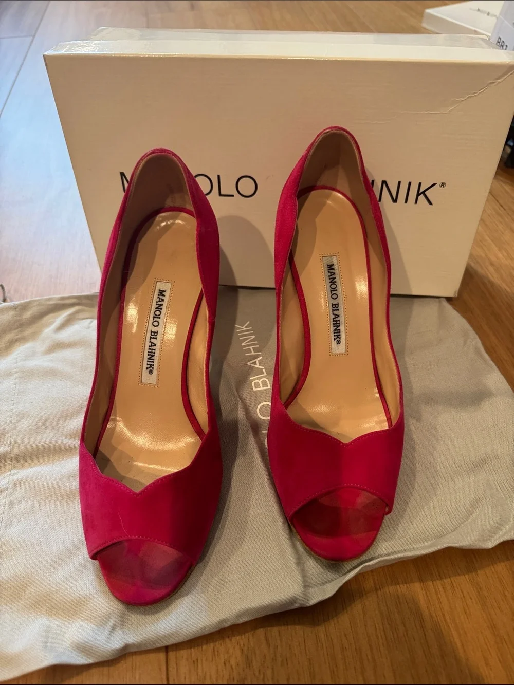 Manolo Blahnik Fuchsia Suede Peep-Toe Pumps